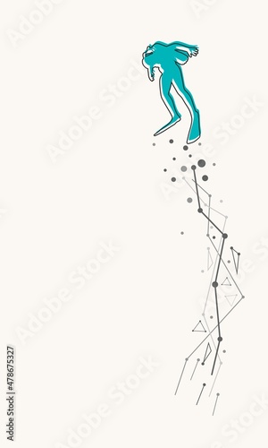 Diving sport concept. Thin line style silhouette of diver.