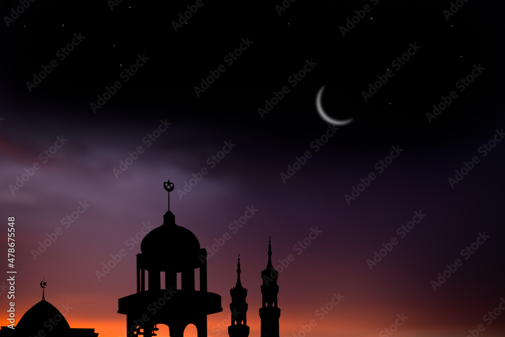 Mosques Dome on dark night with Crescent Moon on black background. New year Muharram, Eid al-fitr, Eid al-adha. Religion symbol islamic Ramadan.