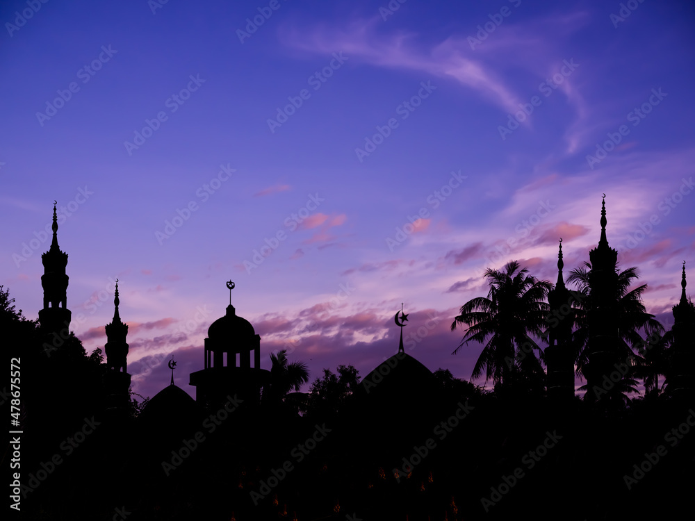 Shadow Mosques Dome on twilight gradient black and gold  background. for eid al-fitr, arabic, Eid al-adha, new year muharram. Ramadan kareem religion symbols.