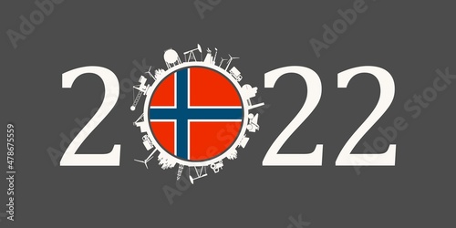 2022 year number with industrial icons around zero digit. Flag of Norway.