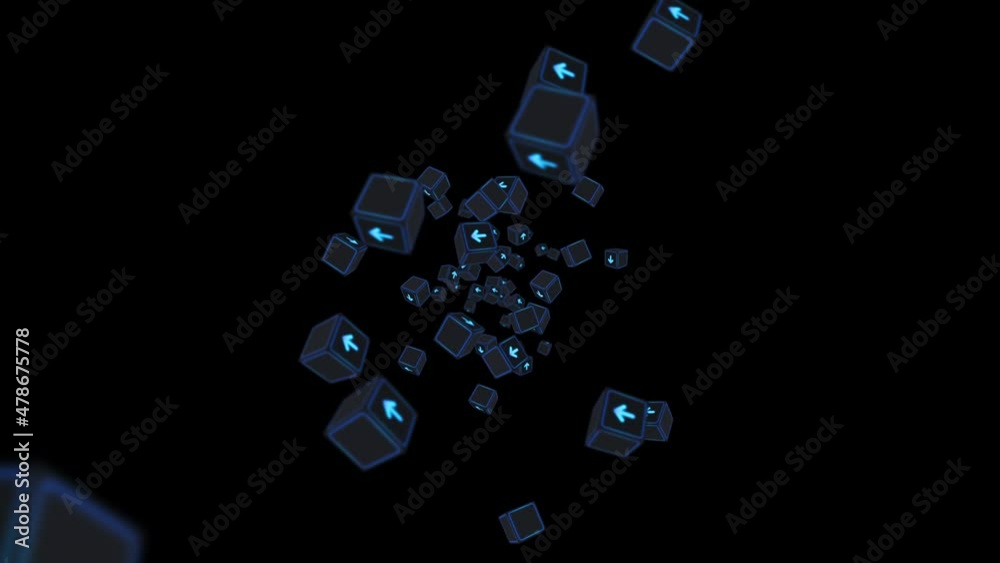 Many fluorescent cubes with arrow floating on black background. Business concept. Challenge. Point to goal. Loop.