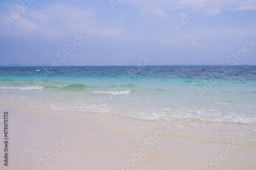 Blue sea and blue sky with sand beach at coast. ocean Phuket Island in thailand. tropical nature landscape. for tourist vacation travel summer holidays concept.
