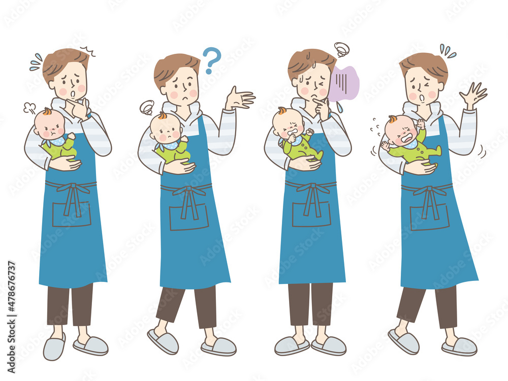 赤ちゃんを抱っこする若いパパの表情セット 赤ちゃんを抱っこする若いパパの表情セット