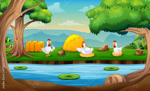 Farm scene with hen incubate the eggs in the nest