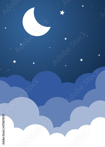 night sky with stars and moon. paper art style. Dreamy background with moon stars and clouds, abstract fantasy background. Half moon, stars and clouds on the dark night sky background.