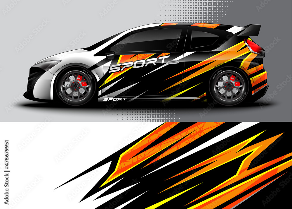 Sport car graphic livery design vector. World rally car. racing background designs for wrap cargo van, race car, pickup truck, adventure vehicle