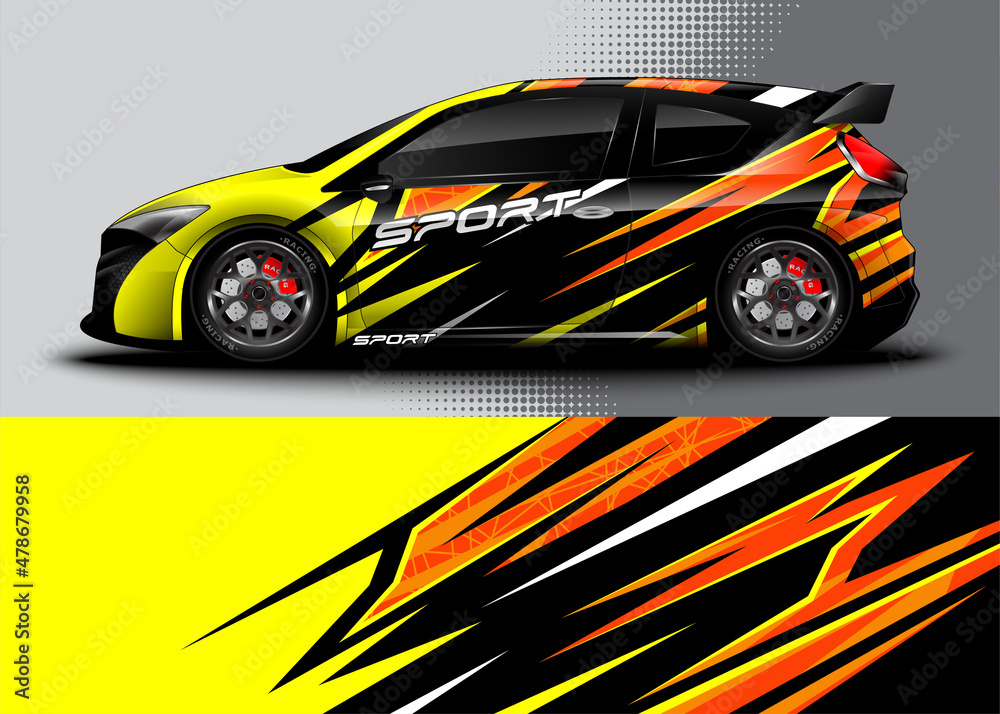 Sport car graphic livery design vector. World racing rally car, Graphic abstract stripe racing background designs for wrap cargo van, race car, pickup truck, adventure vehicle