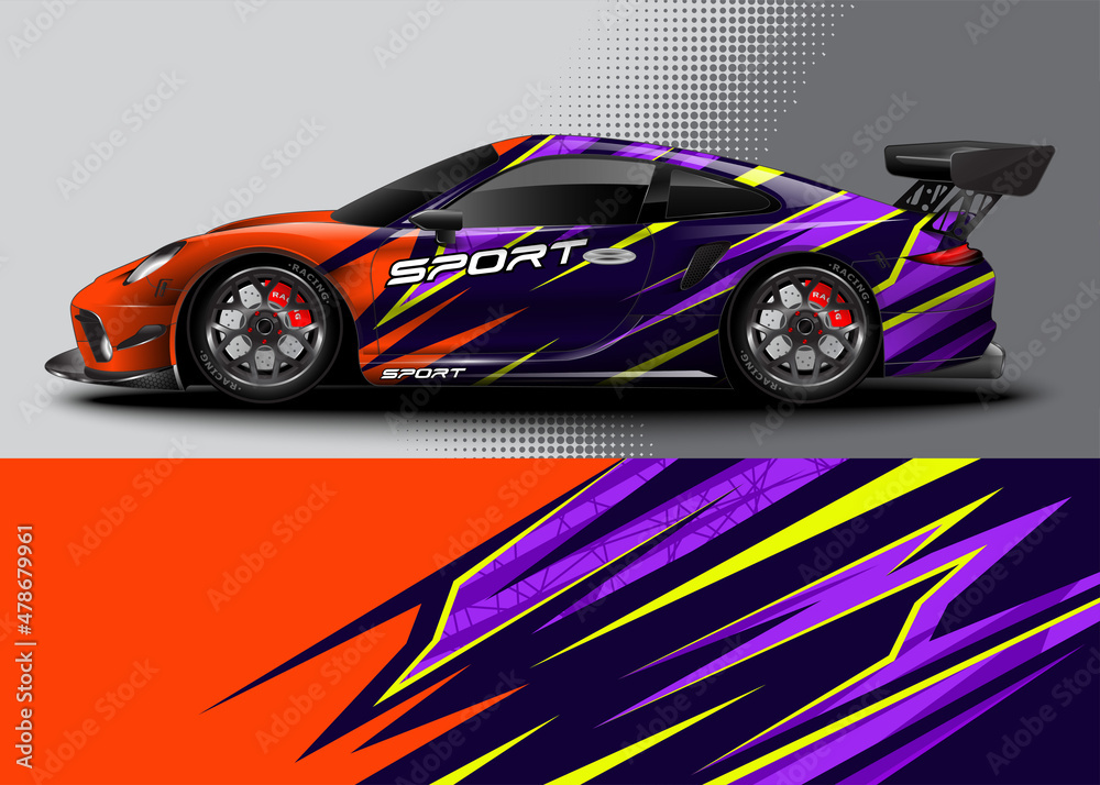 Sport car graphic livery design vector. Graphic abstract stripe racing background designs for wrap cargo van, race car, pickup truck, adventure vehicle Sport car graphic livery design vector. Graphic abstract stripe racing background designs for wrap cargo van, race car, pickup truck, adventure vehicle