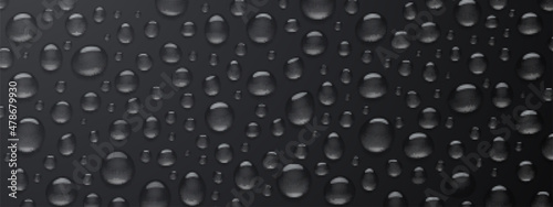 Texture of water droplets on black background. Vector realistic illustration of condensation of steam in shower, vapor or fog on wet dark surface, clear aqua drops from dew or rain