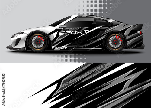 Sport car graphic livery design vector. Graphic abstract stripe racing background designs for wrap cargo van, race car, pickup truck, adventure vehicle