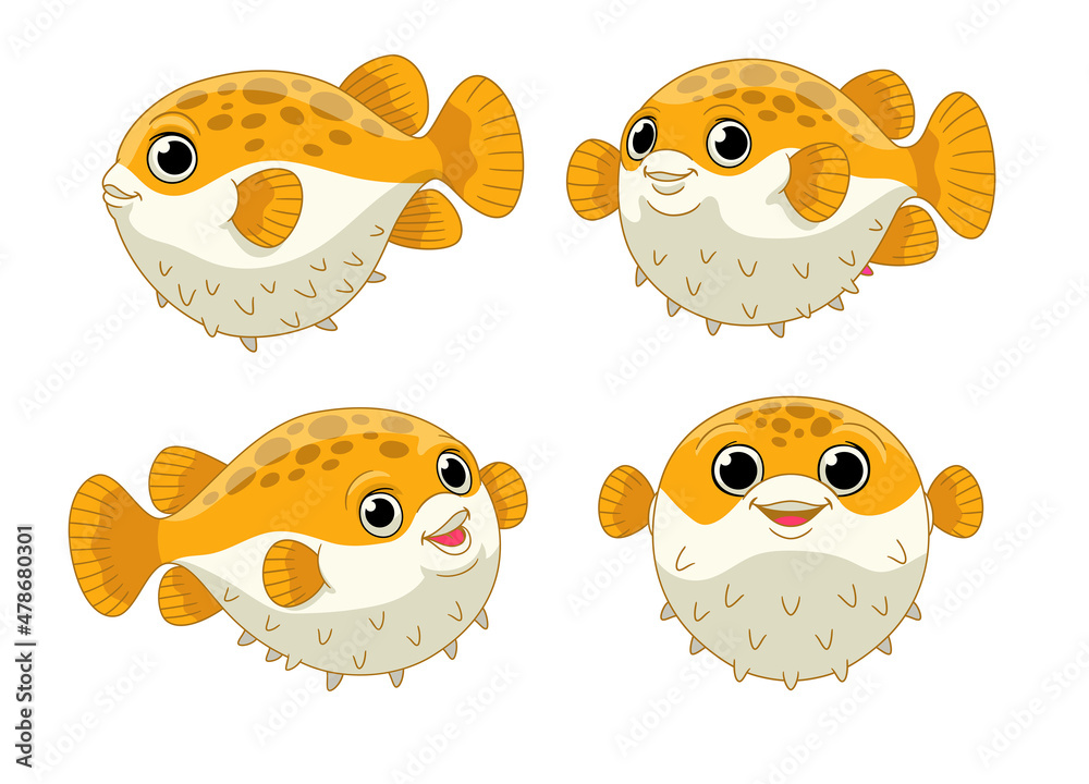 Cartoon Set of Cute Puffer Fish Stock Vector | Adobe Stock