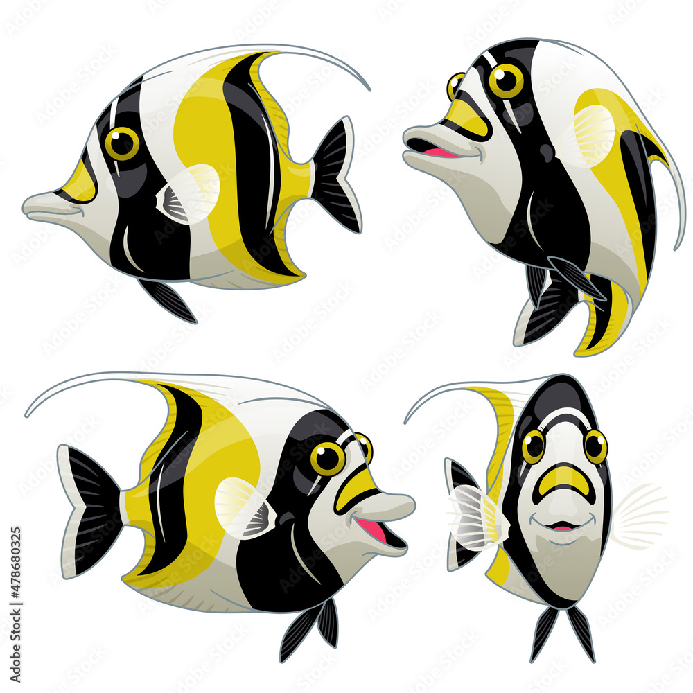 Cartoon Set of Moorish Idol Fish in Various Poses Cartoon Set of Moorish Idol Fish in Various Poses
