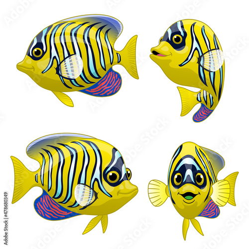 Cartoon Set of Royal Anglefish in various pose