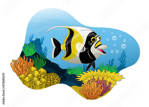Moorish Idol cartoon swiming in the coral habitat
