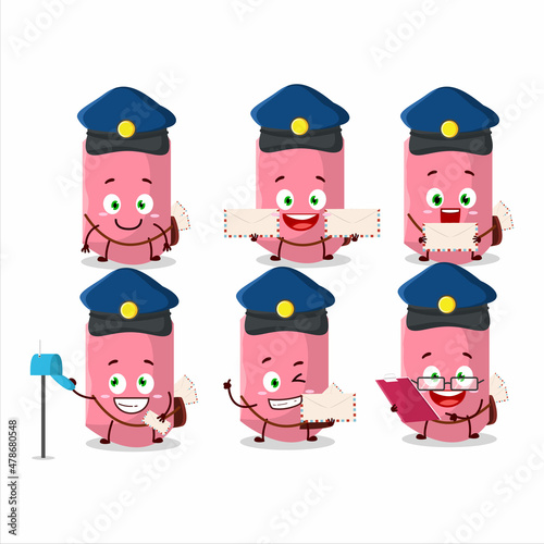 A picture of cheerful pink chalk postman cartoon design concept