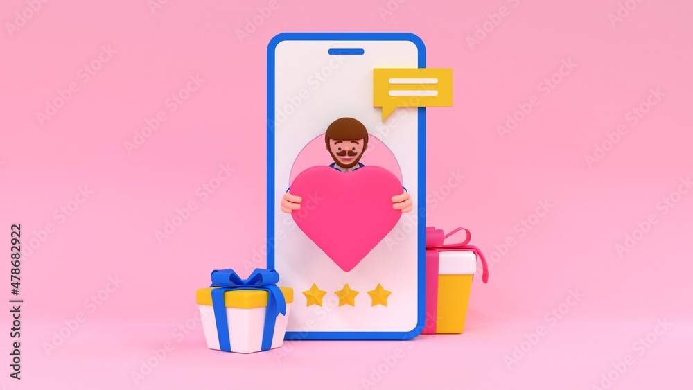 Online dating concept. Mobile phone with a man holding a heart. 3d render illustration Online dating concept. Mobile phone with a man holding a heart. 3d render illustration