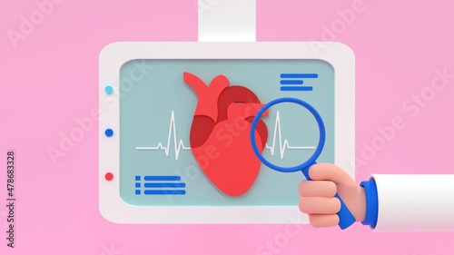 Lung Disease Diagnosis Concept. Cartoon doctor hand with a magnifying glass in front of a monitor with icon of heart. 3d render illustration.