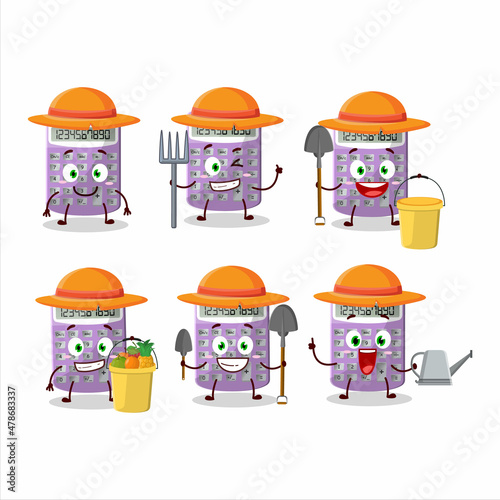 Farmer purple calculator cute mascot character with fork