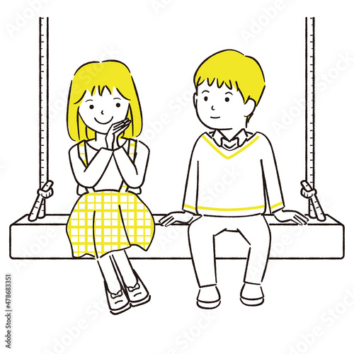 手描き1color   ぶらんこに二人で座る　男の子女の子
