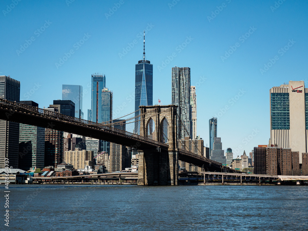 The Brooklyn Bridget viewed from Brooklyn on a sunny day in New York City The Brooklyn Bridget viewed from Brooklyn on a sunny day in New York City
