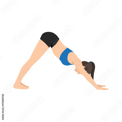 Woman doing Adho mukha svanasana or downward facing dog yoga pose,vector illustration in trendy style photo