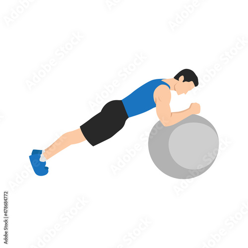Man doing Swiss ball plank. abdominals exercise flat vector illustration isolated on white background