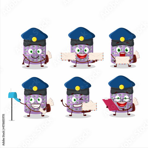 A picture of cheerful purple calculator postman cartoon design concept