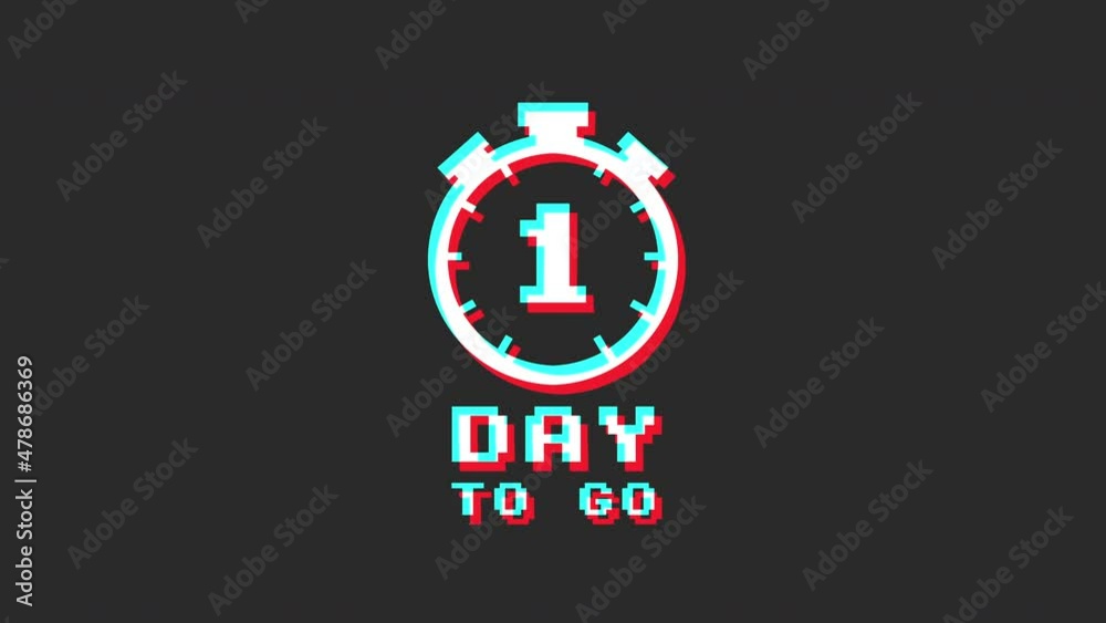 1 day to go Glitch icon animated.isolated on black background.digital glitch effect.4K video.cool effect