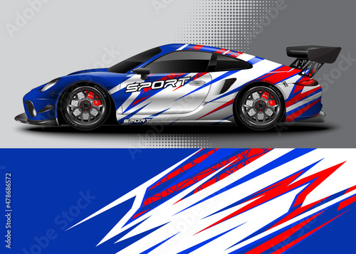 Sport car graphic livery design vector. Graphic abstract stripe racing background designs for wrap cargo van, race car, pickup truck, adventure vehicle