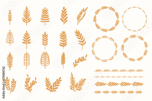 Gold wheat grain drawing vector collection set. Organic wheat plant icon symbol ornament.