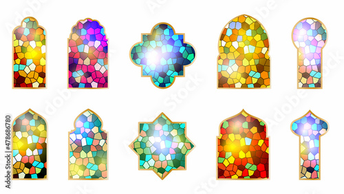 Set of Arabic stained glass windows. Islamic architecture elements. Vector EPS 10