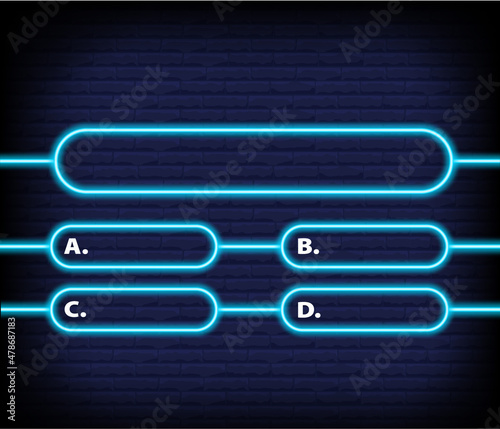 Neon quiz game template. Four options answers for knowledge exam in school, tv show. Vector Illustration 10 eps