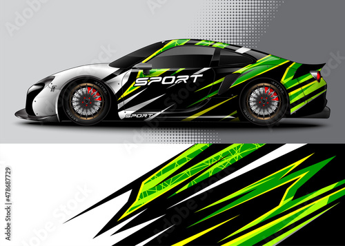 Sport car graphic livery design vector. Graphic abstract stripe racing background designs for wrap cargo van, race car, pickup truck, adventure vehicle