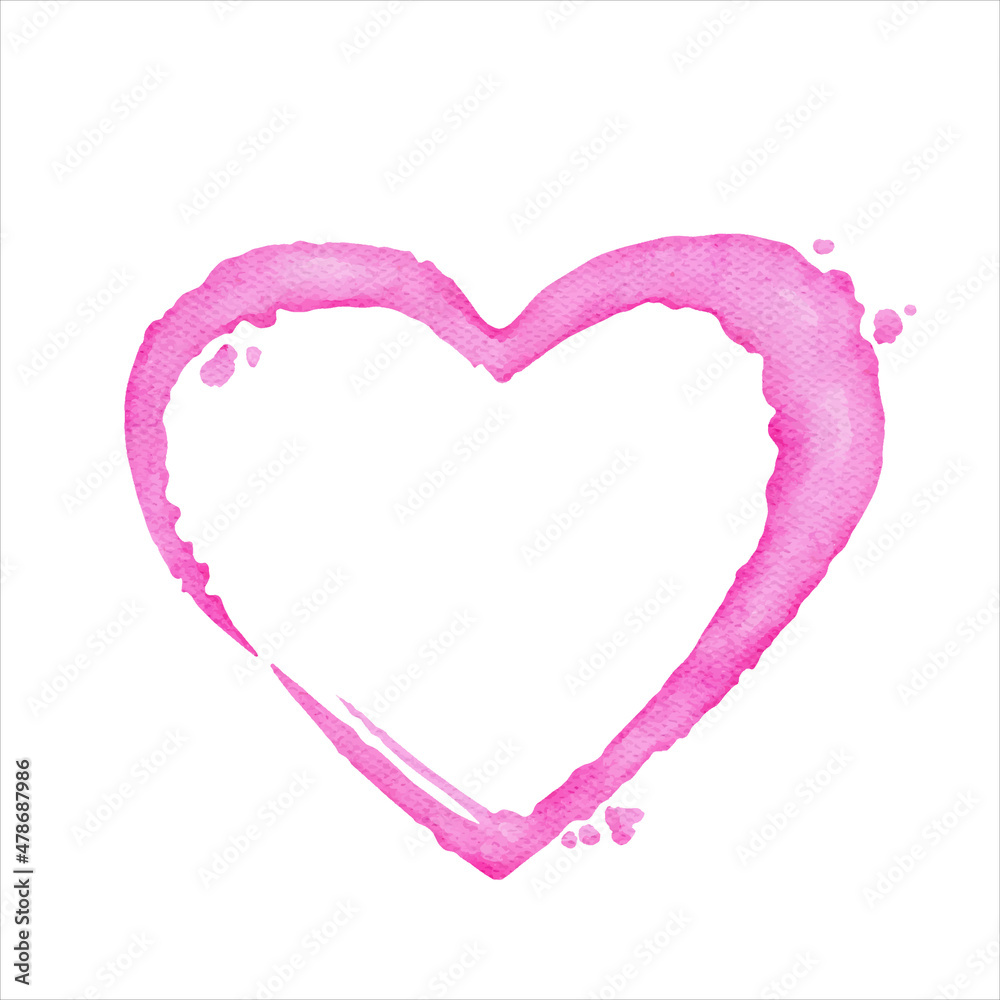 Watercolor liquid pink heart shape, Valentine element card. Vector.
