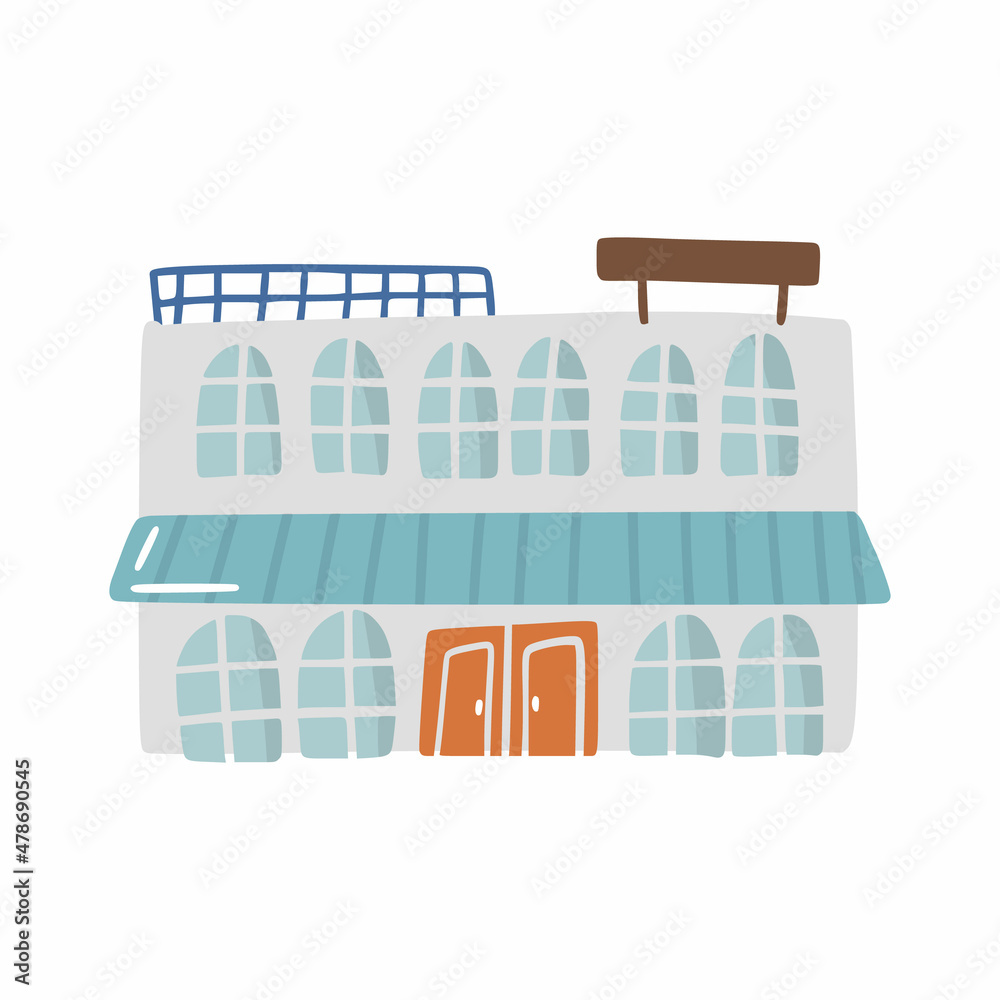 Fototapeta premium Cute doodle school building in hand drawn style, design children nursery area, room, map and textile cartoon vector illustration, isolated on white.