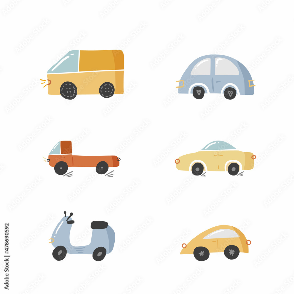 Set of cute doodle car in hand drawn style, design children nursery, room, clothes, map and textile cartoon vector illustration isolated on white.