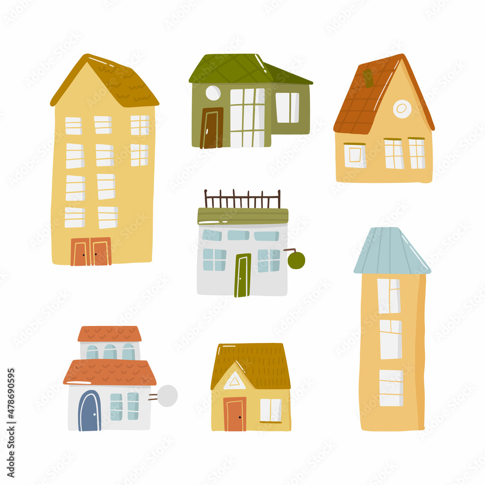 Set of cute doodle shop house in hand drawn style, design children nursery, room, map and textile cartoon vector illustration, isolated on white.