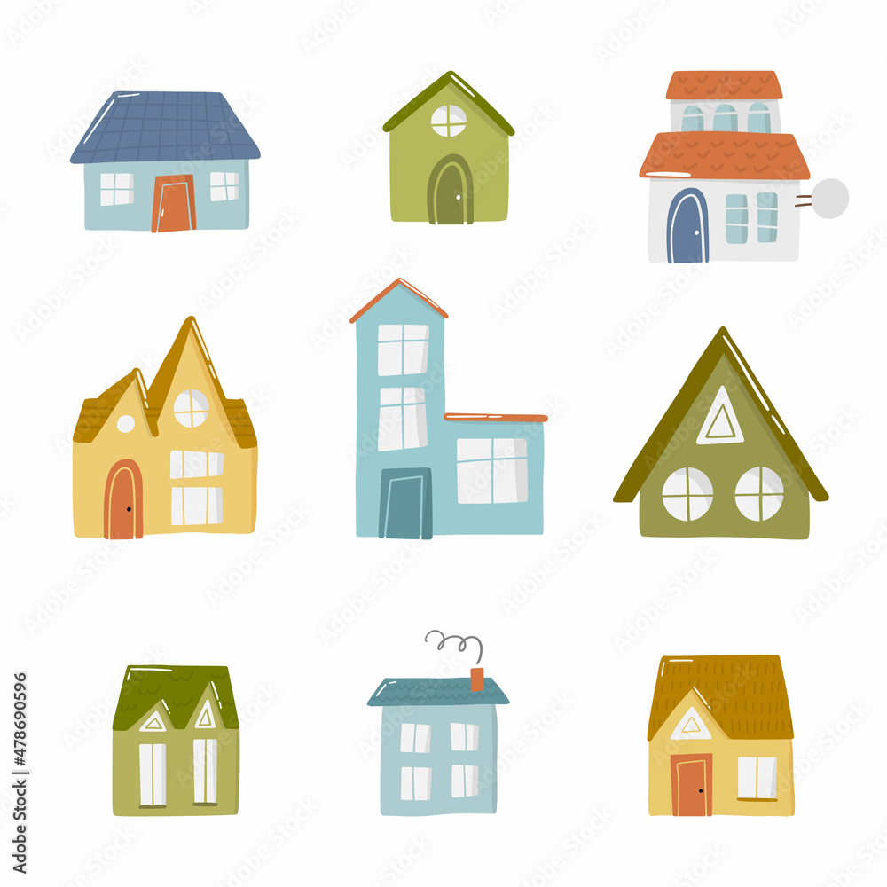 Set of cute doodle house in hand drawn style, design children nursery, room, clothes, map and textile cartoon vector illustration, isolated on white.