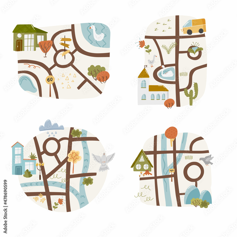 Set of 4 cute landscape doodle map with pond, route and house river country nursery garden cartoon vector illustration, isolated on white.