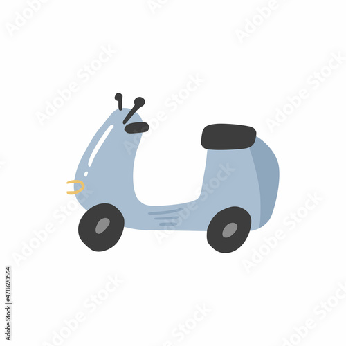 Cute doodle motorbike in hand drawn style, design children nursery, room, clothes, map and textile cartoon vector illustration, isolated on white.