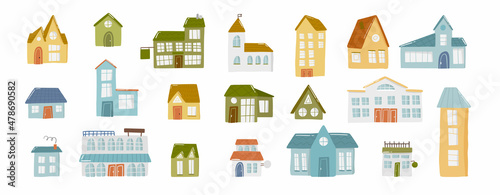 Set of cute doodle house in hand drawn style, design children nursery, room, clothes, map and textile cartoon vector illustration, isolated on white.