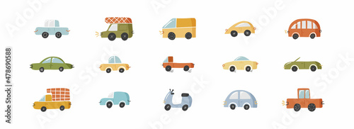 Fototapeta Naklejka Na Ścianę i Meble -  Set of cute doodle car in hand drawn style, design children nursery, room, clothes, map and textile cartoon vector illustration isolated on white.