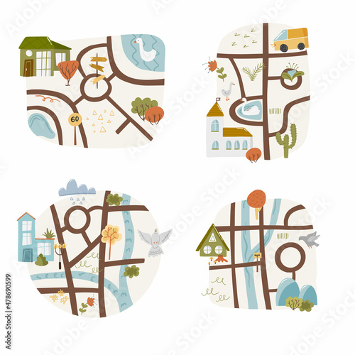 Set of 4 cute landscape doodle map with pond, route and house river country nursery garden cartoon vector illustration, isolated on white. © 21kompot
