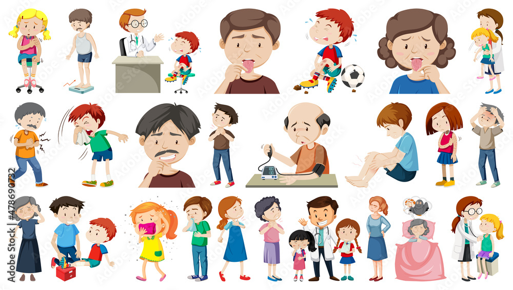 Set of sick people with different symptoms Set of sick people with different symptoms