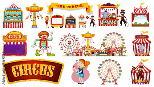 Set of circus characters and amusement park elements