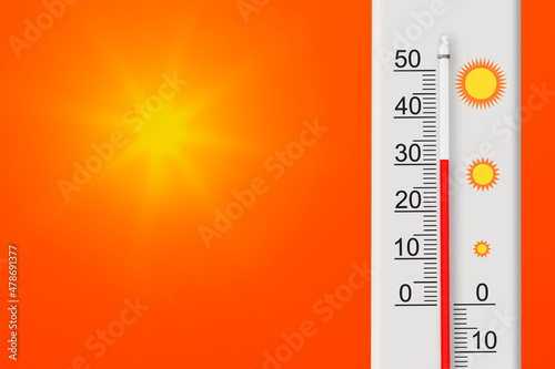 Celsius scale thermometer shows plus 31 degrees . Yellow sun in red sky. Summer heat