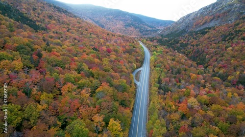 Aerial View Mountain Pass  in New England during fall changing leaves photo