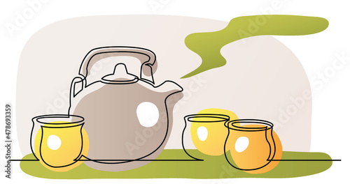 continuous line drawing of chinese tea pot and tea cups