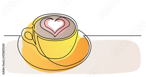 continuous line drawing of cappuccino coffee cup with heart shape on foam