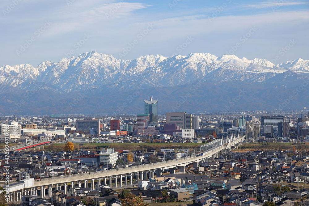 Obraz premium 雪化粧した山と市街地の風景